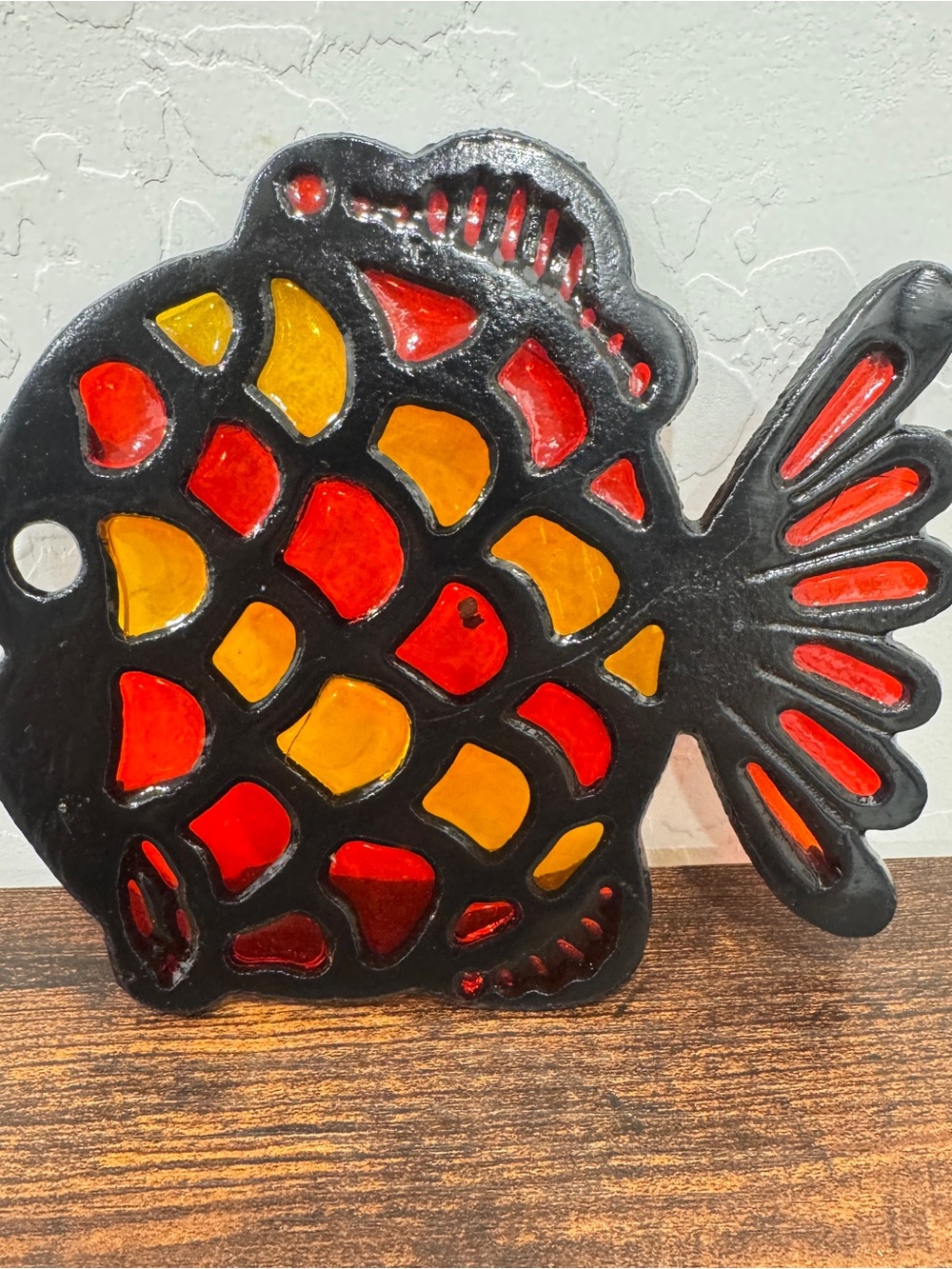 Vintage Metal Fish Shaped Trivet Hot Plate Hanging Stained Glass Red Yellow